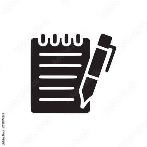 A simple illustration of a dark blue notepad with horizontal lines and a pen resting on the side