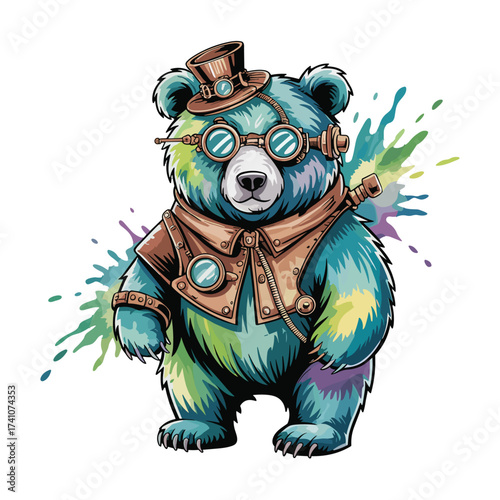Charming steampunk bear illustration with goggles, top hat, and gear accents. T-shirt Design featuring a whimsical creature with paint splatter detail, perfect for whimsical themes.