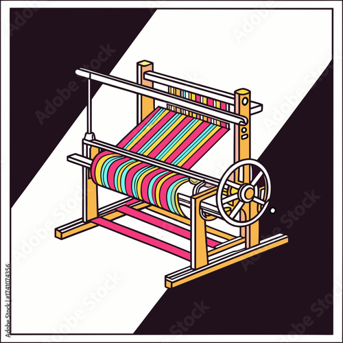 Colorful textile weaving machine isometric vector loom