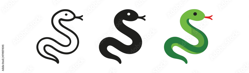 Fototapeta premium Simple snake icon set: outline, solid, and colored variations
