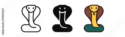 Cobra snake icons in minimalistic styles: black, white, and color variations
