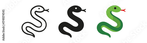 Simple snake icon set: outline, solid, and colored variations