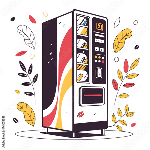 Colorful vector coffee vending machine with leaves and beans