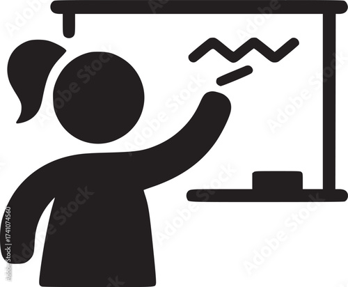 Illustration of a girl with a ponytail writing on a whiteboard with marker in a classroom setting