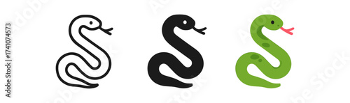Playful snake icons in linear, solid, and colorful styles