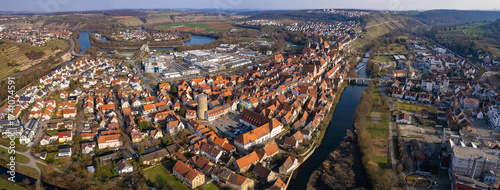 Aerial view around the old town of Besigheim in south Germany on a sunny autumn day