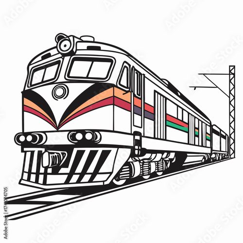 Colorful vector train engine on tracks locomotive transportation