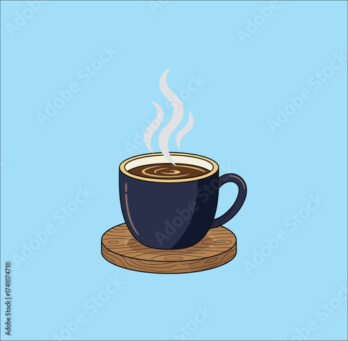 Art & Illustration
A cozy illustration of a steaming black coffee mug on a wooden coaster against a light blue background.
