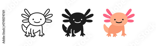 Cute axolotl icons in flat, outline, and silhouette styles