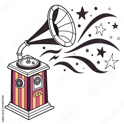 Colorful vintage gramophone emitting stars and sound waves
