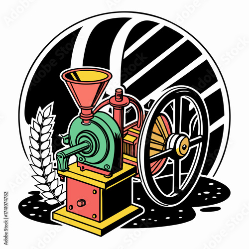 Colorful Vintage Grain Mill Vector Art machine agriculture