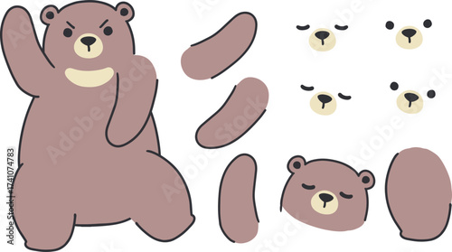 Funny Bear Character Vector Pack with Expressions. Perfect for animation, mascot design, comic art, children’s illustrations, stickers, and cartoon projects.