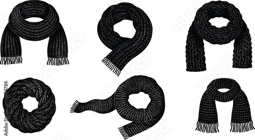 Black scarf illustrations, winter fashion, knitted texture, fringe ends, looped styles, folded scarves, cozy accessories, textile design, silhouette, comparison