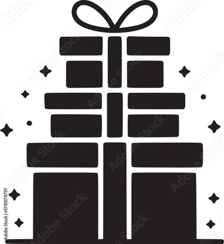 A stack of three gift boxes with a bow on top and sparkles around it in black and white illustration