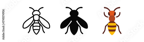 Set of bee designs: outline, silhouette, and colorful style