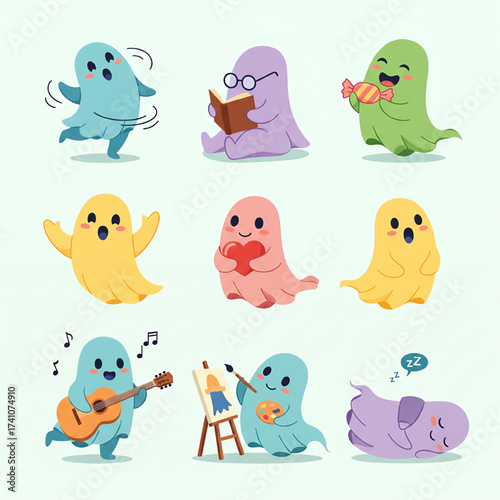 A group of cute ghosts are engaging in various creative and fun activities together in a digital illustration.