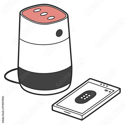 Coral and gray smart speaker with connected smartphone