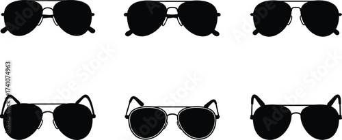Collection of aviator sunglasses silhouettes and outline icons, classic pilot eyewear with stylish frames for fashion, travel, and summer accessories
