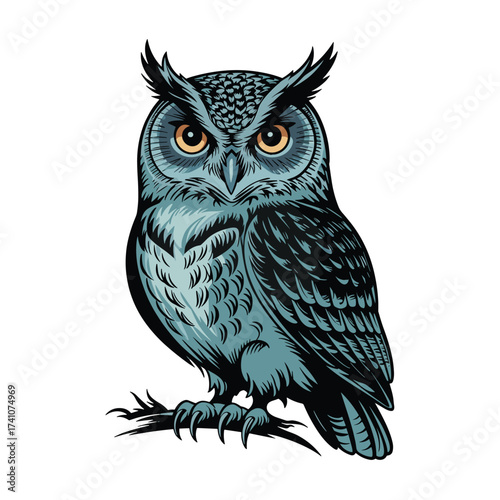 Wise great horned owl illustration perched on branch. Raptor bird predator with sharp talons. Nocturnal animal. T-shirt Design.