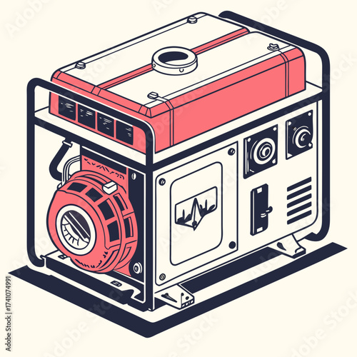Coral and navy blue diesel generator illustration machine