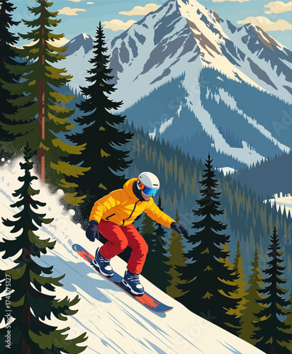 Adventurous Snowboarder in Mountain Forest