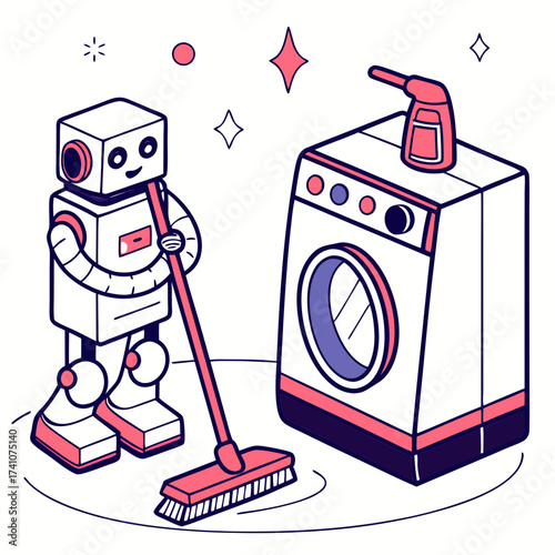 Cute robot with broom and washing machine cleaning