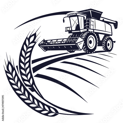 Dark blue combine harvester and wheat stalks vector graphic
