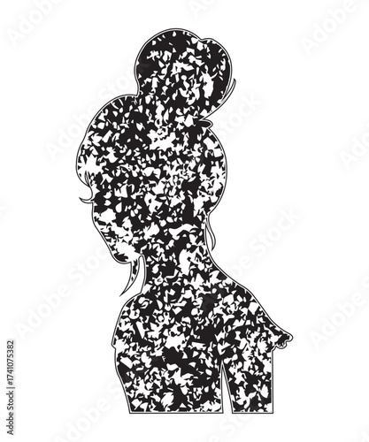 Grunge Abstract Female Silhouette with Black and White Pattern.
