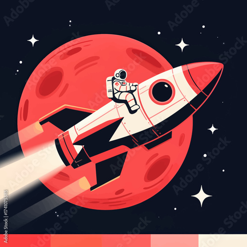 Astronaut in Rocket Approaching Red Planet with Stars