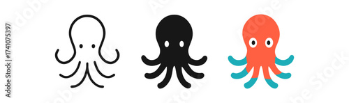 Set of cute minimalist octopus icons in various styles