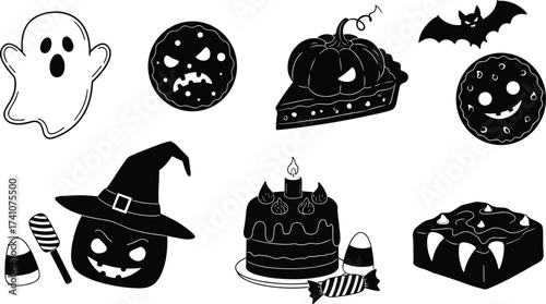 Halloween drinks with spooky decorations, ghosts, bats, pumpkins, spider webs, creepy garnishes, festive cocktail glasses for party design