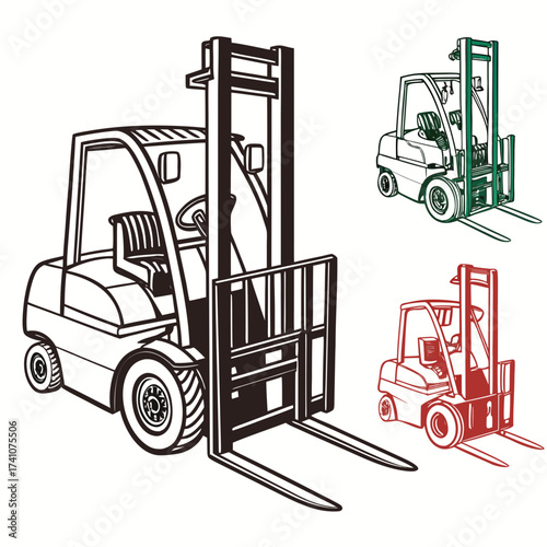 Forklift machine illustrations in black green and red