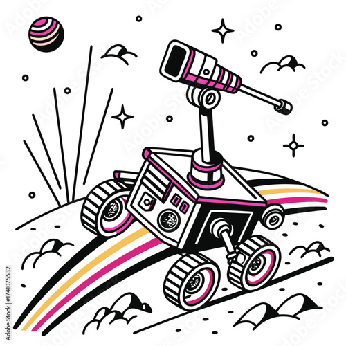 Futuristic rover with telescope exploring a colorful alien landscape