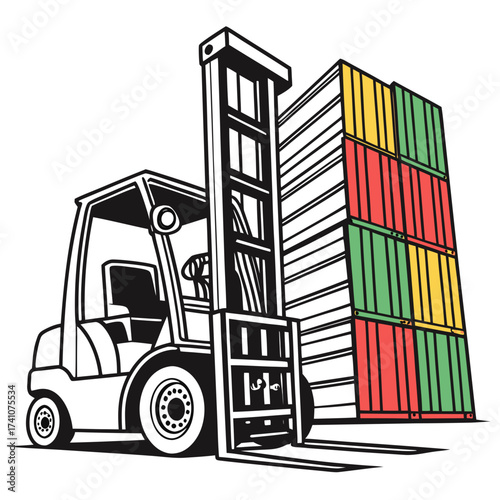 Forklift machine lifting colorful cargo containers