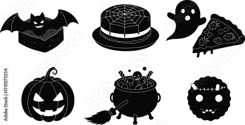 Halloween food illustrations with spooky desserts, ghost pizza, bat cake, monster cookies, festive treats for seasonal party design and decor