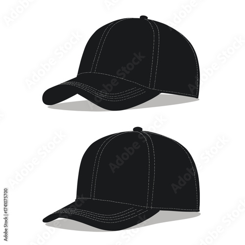 Black Baseball Caps with Stitching, Side Views, Minimalist Style