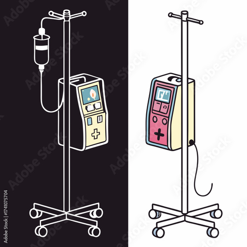 Infusion pump with colorful details on white and black backgrounds