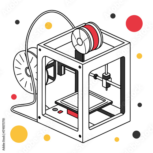 Isometric 3d printer with red filament and colorful dots