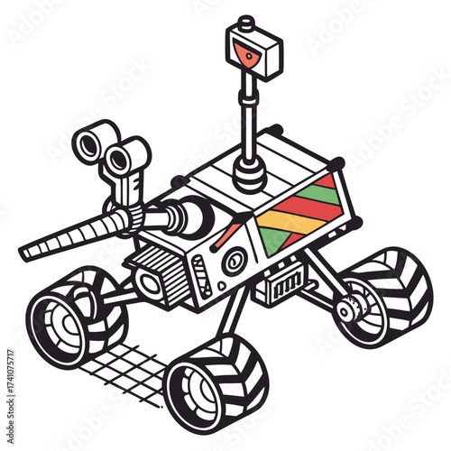 Isometric cartoon space rover with colorful accents