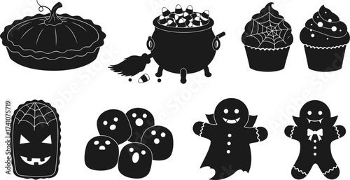 Halloween silhouettes of spooky treats and characters, ghost cookies, vampire gingerbread, pumpkin pie, festive icons for seasonal decoration