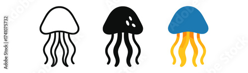 Simple jellyfish icons featuring minimalist designs with flat and outline styles