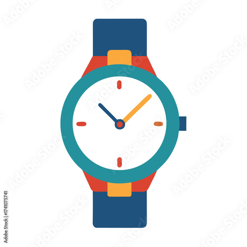 Vector art of a colorful wristwatch, featuring a round face with teal bezel, blue band, and orange accents, displaying the time in a flat vector style