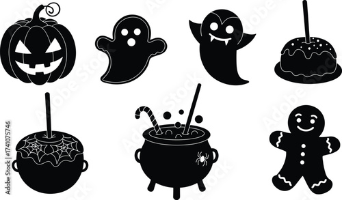 Halloween silhouettes of spooky treats and characters, ghost cookies, vampire  silhouettes of spooky treats and characters, ghost cookies, vampire gingerbread, pumpkin pie, festive icons fo