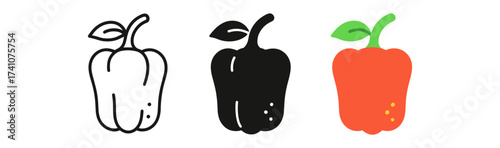 Minimalist bell pepper icons in black, white, and color with leaves