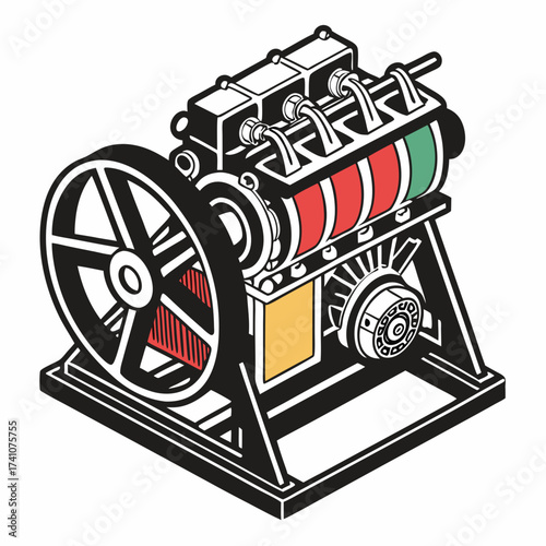 Isometric colorful engine machine with large wheel