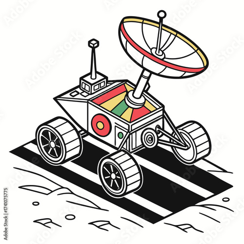 Isometric colorful space rover with satellite dish