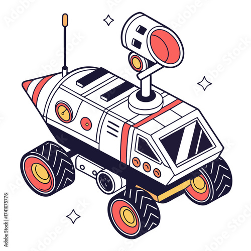 Isometric futuristic space rover with coral and yellow accents