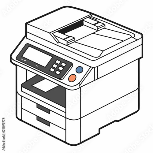 Isometric illustration of a white photocopier with colorful buttons