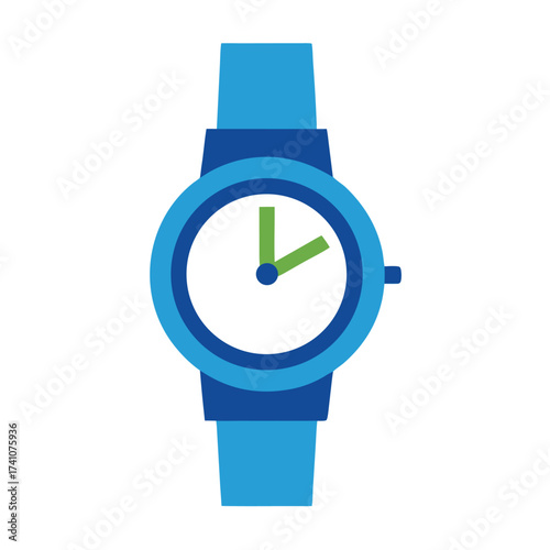 Vector art of a blue wristwatch, featuring a round face with green hands, represents timekeeping and punctuality, ideal for designs related to schedules