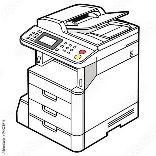 Isometric view of a white office copier with colorful buttons